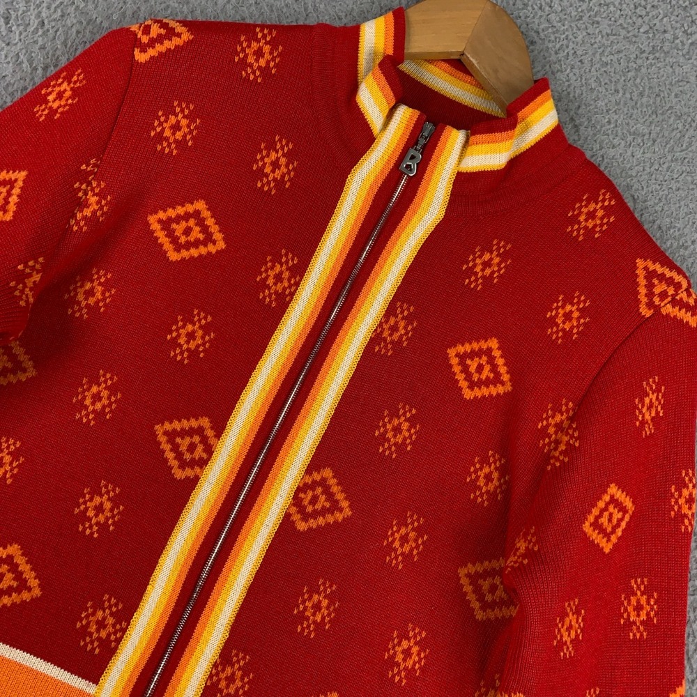 Bogner Rose Geometric Cardigan Sweater Womens 8/M Red Orange Wool Blend Full Zip